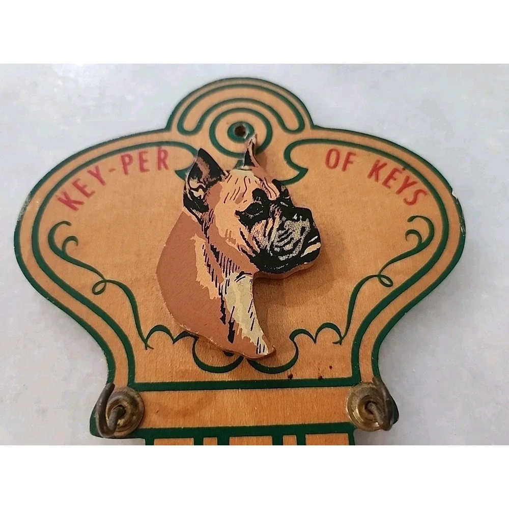 Vintage BOXER/ DOG Head Wood Key-Per of Keys key-shaped wall mount key holder